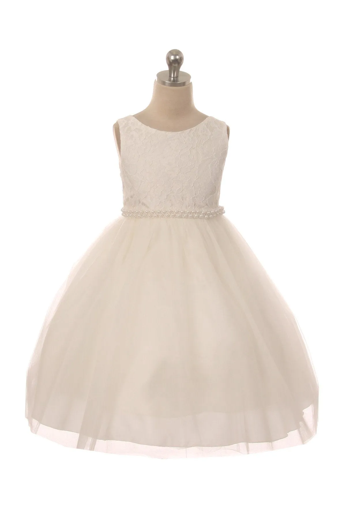 Lace Illusion Girls Dress with Thick Pearl Trim