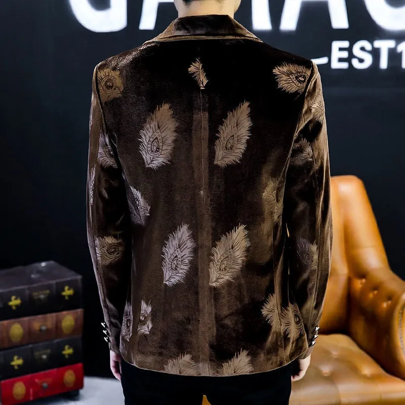 Luxury Velvet Leaf Pattern Men Blazer