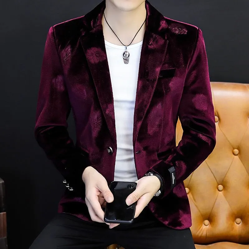 Luxury Velvet Leaf Pattern Men Blazer