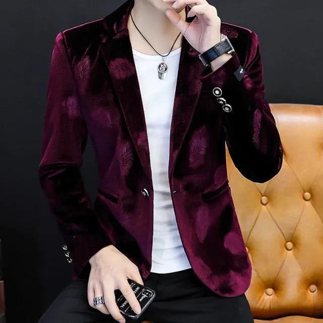 Luxury Velvet Leaf Pattern Men Blazer