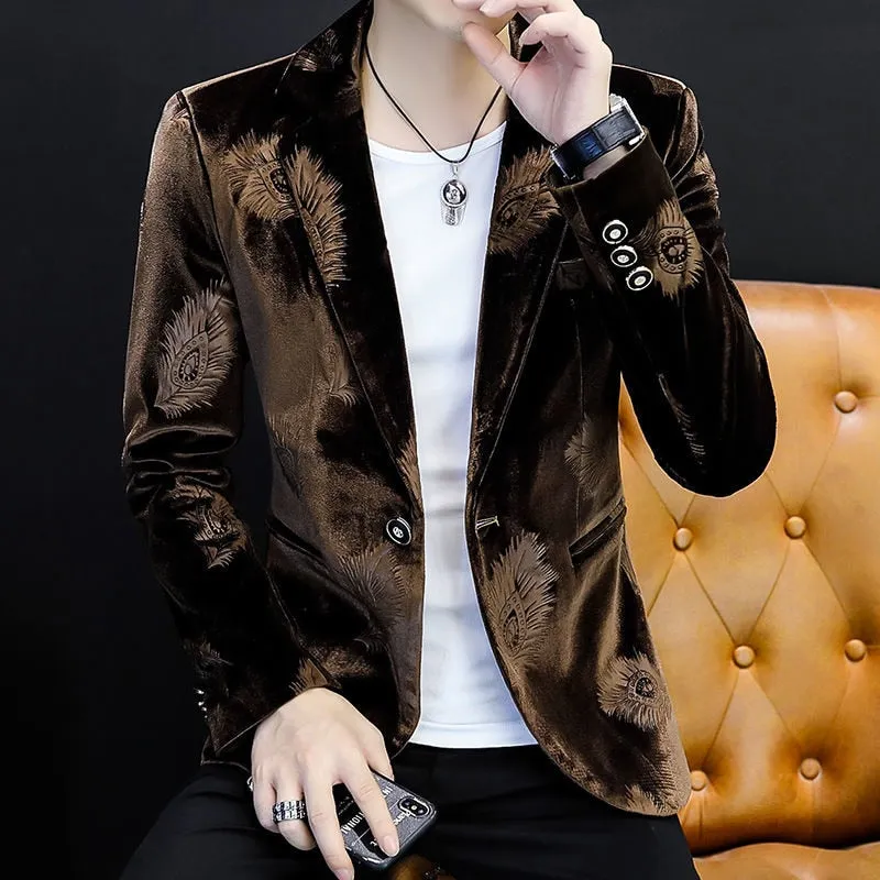 Luxury Velvet Leaf Pattern Men Blazer