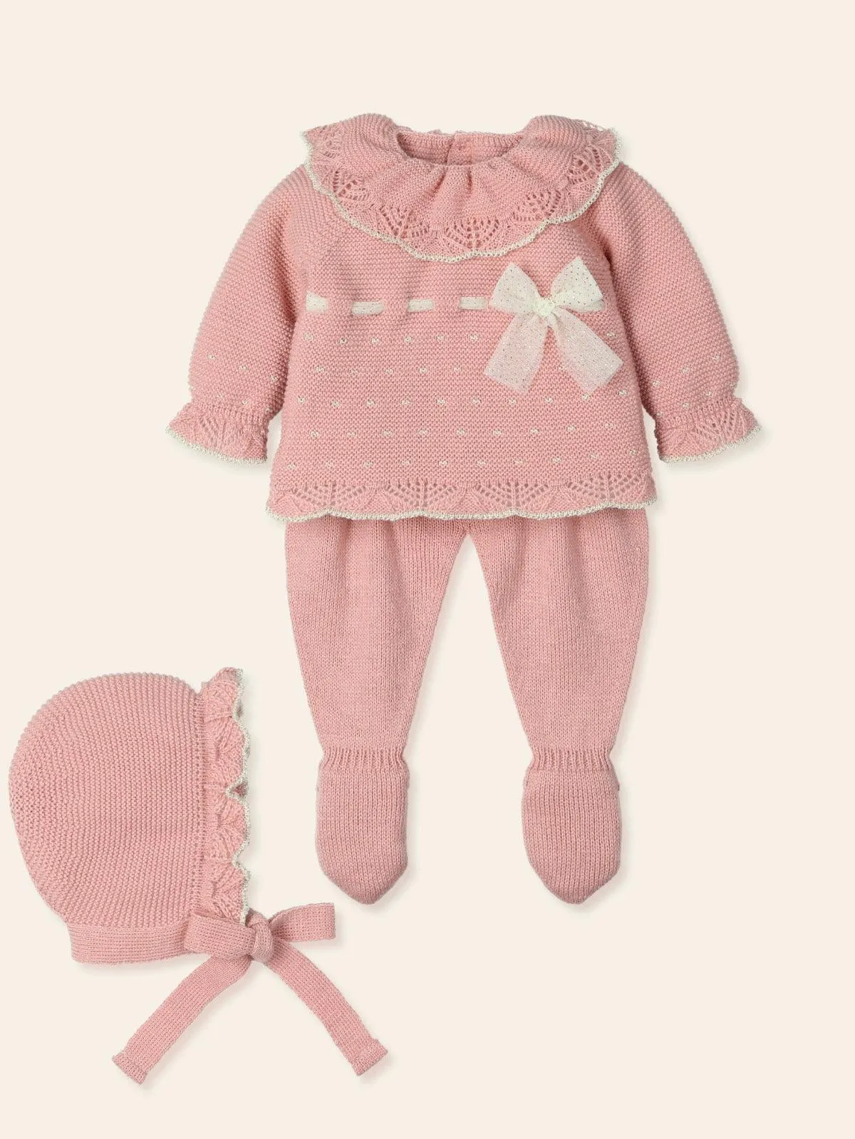 Mac Ilusion AW24 - Baby Girls Dusky Pink & Gold 3pc Knitted Oufit 9412