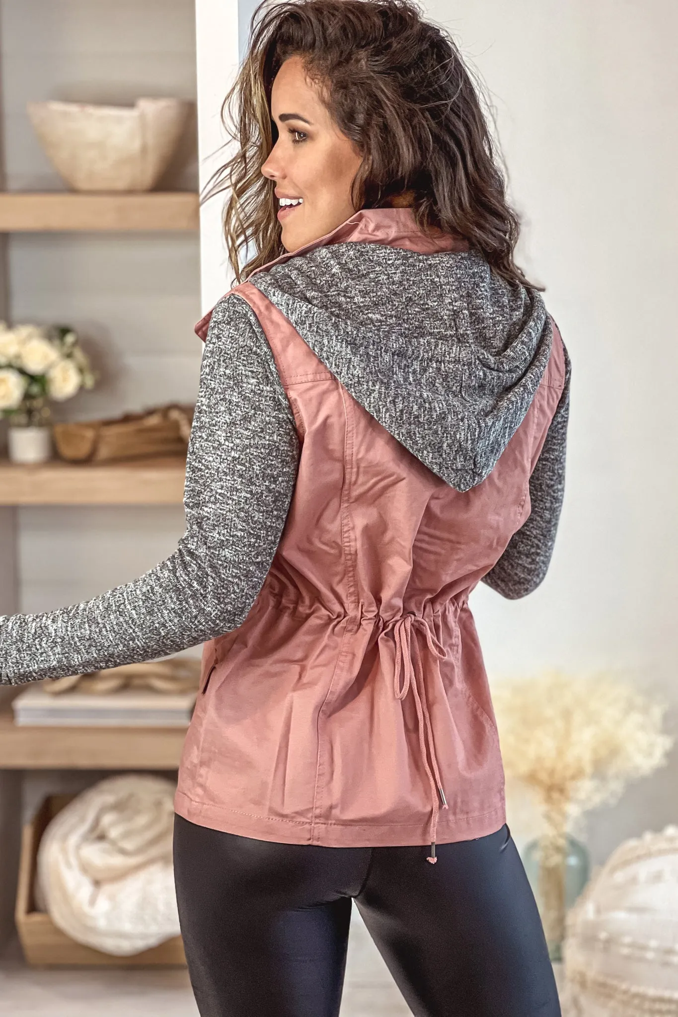 Mauve Jacket with Gray Hood and Sleeves