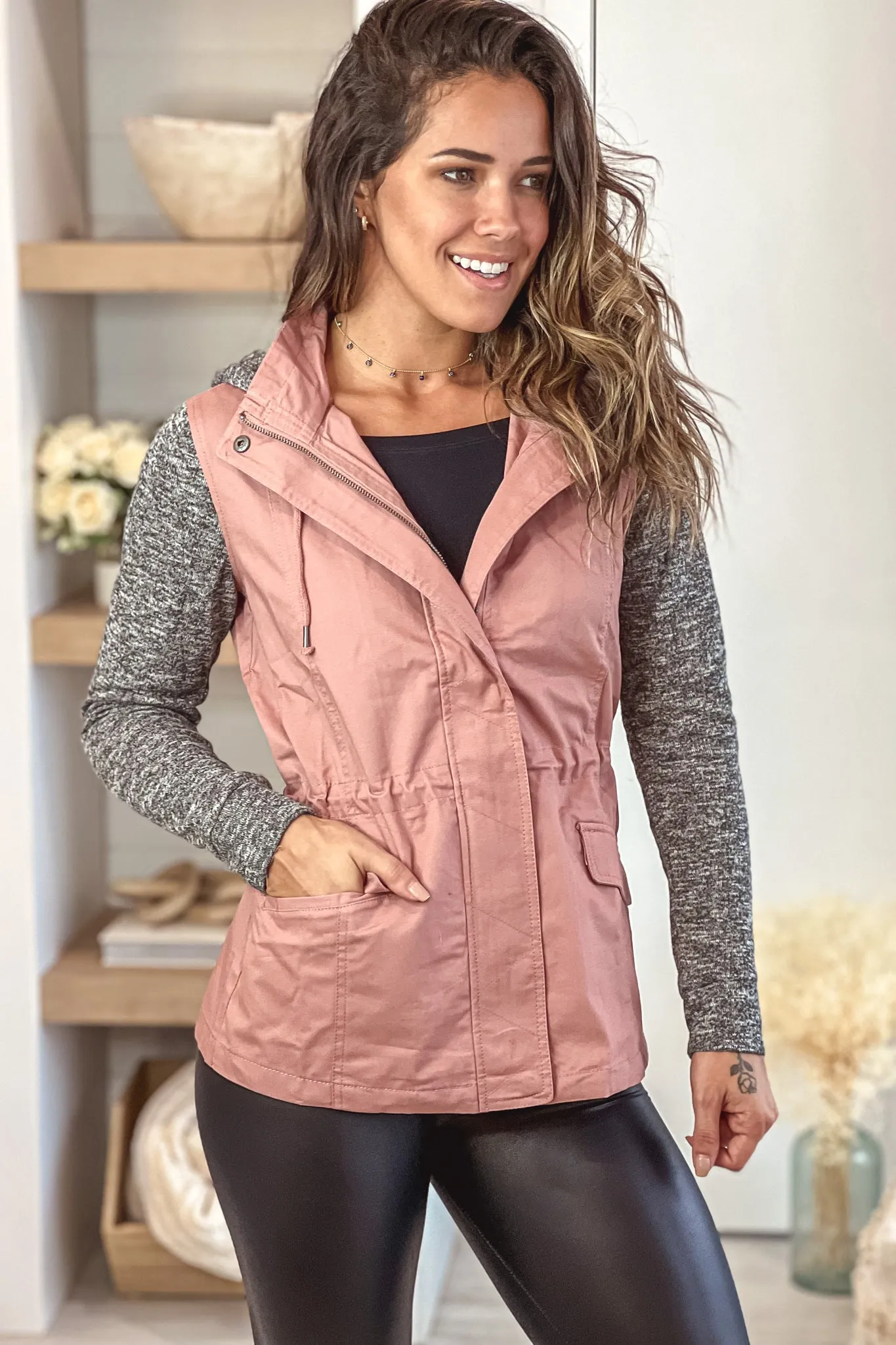 Mauve Jacket with Gray Hood and Sleeves