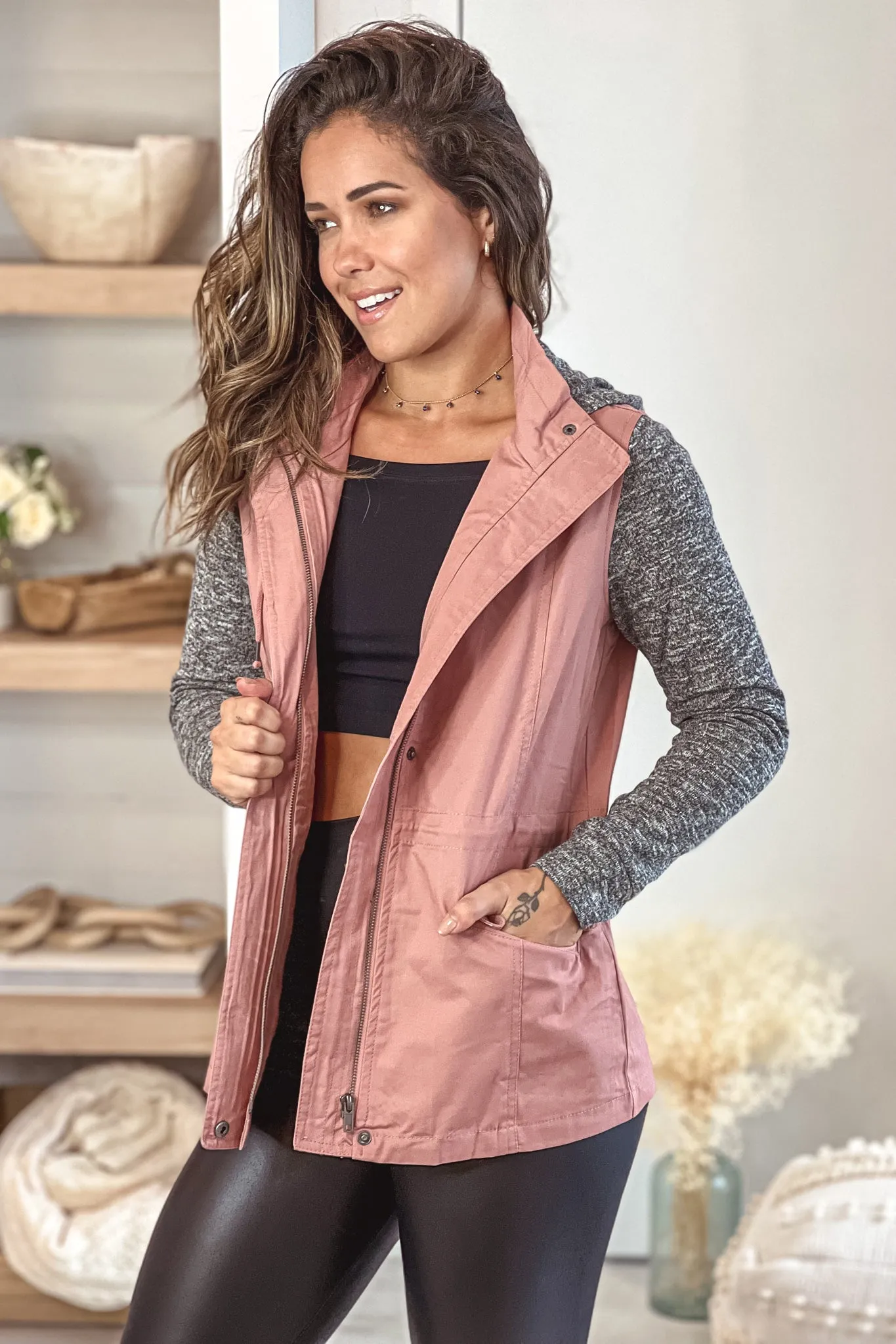 Mauve Jacket with Gray Hood and Sleeves