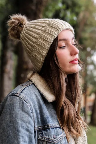 Metallic Rib Knit Beanie with PomPom