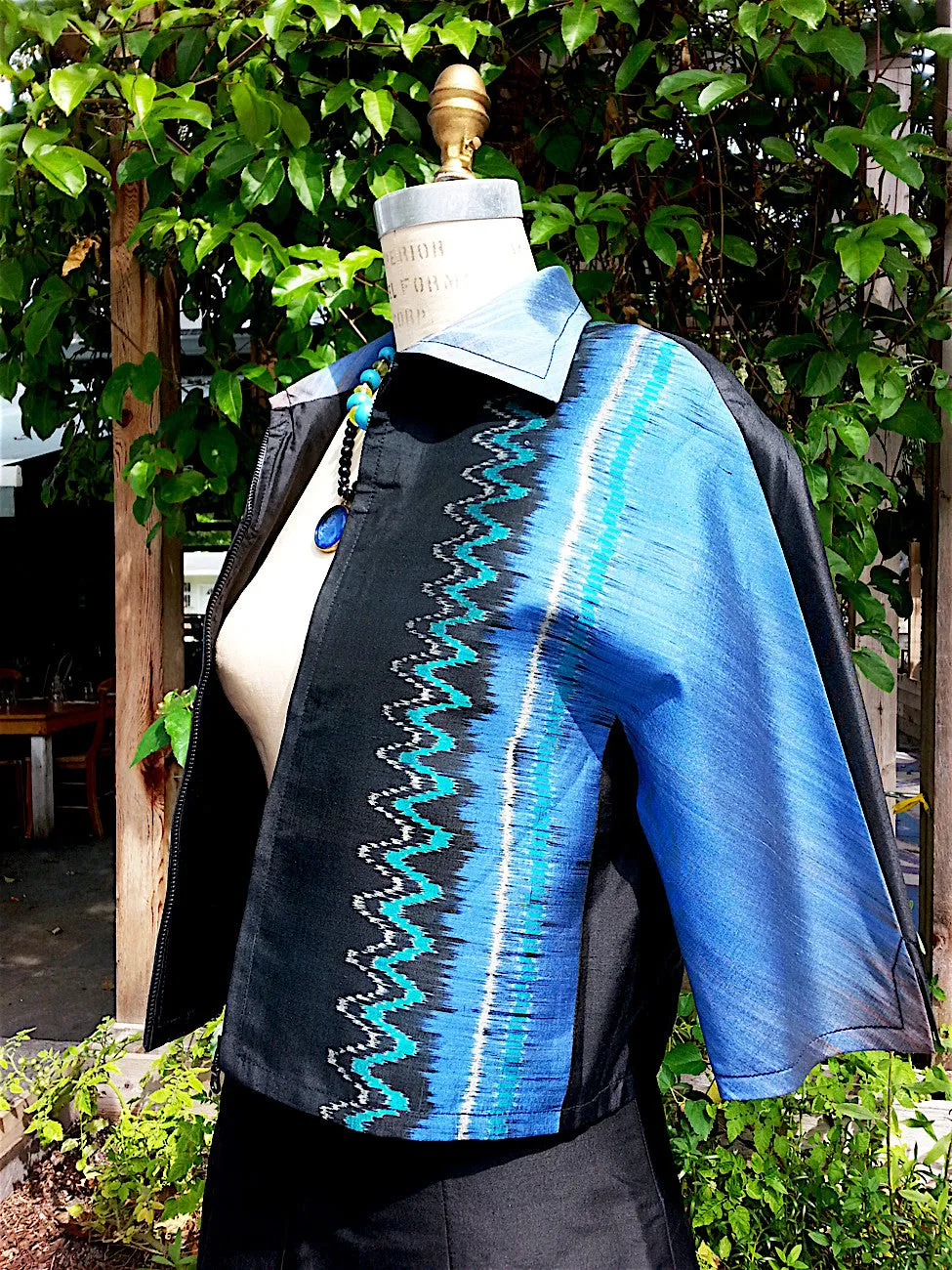 Modern Ikat Couture Cut Jacket Black Cobalt Turquoise