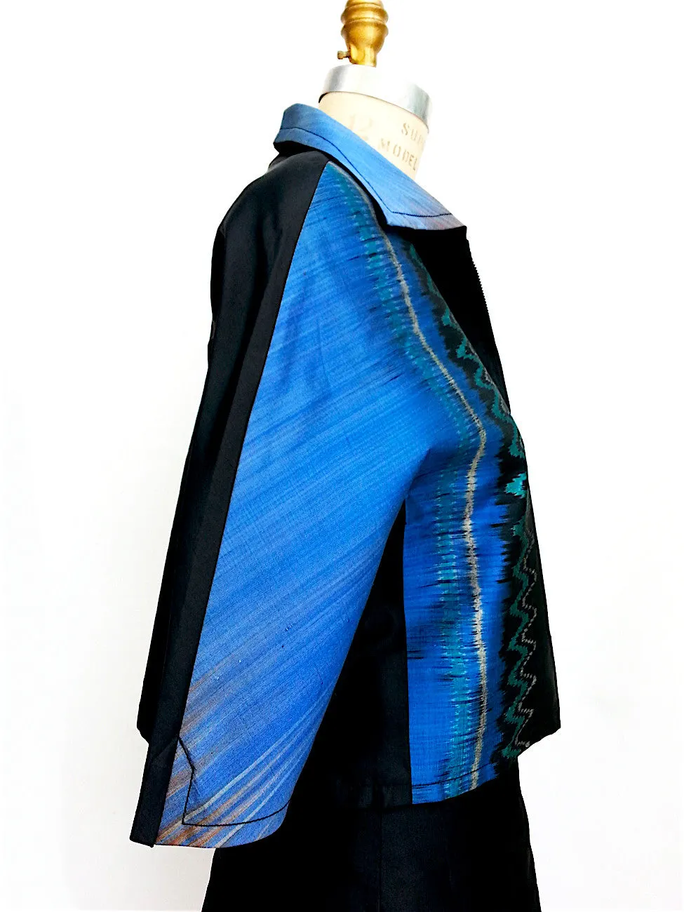 Modern Ikat Couture Cut Jacket Black Cobalt Turquoise