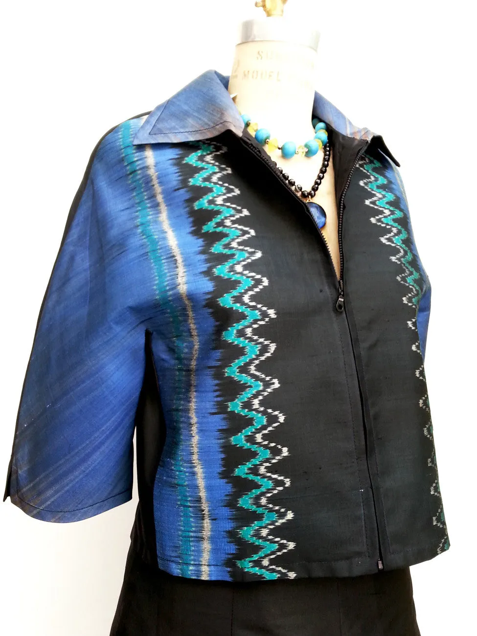 Modern Ikat Couture Cut Jacket Black Cobalt Turquoise