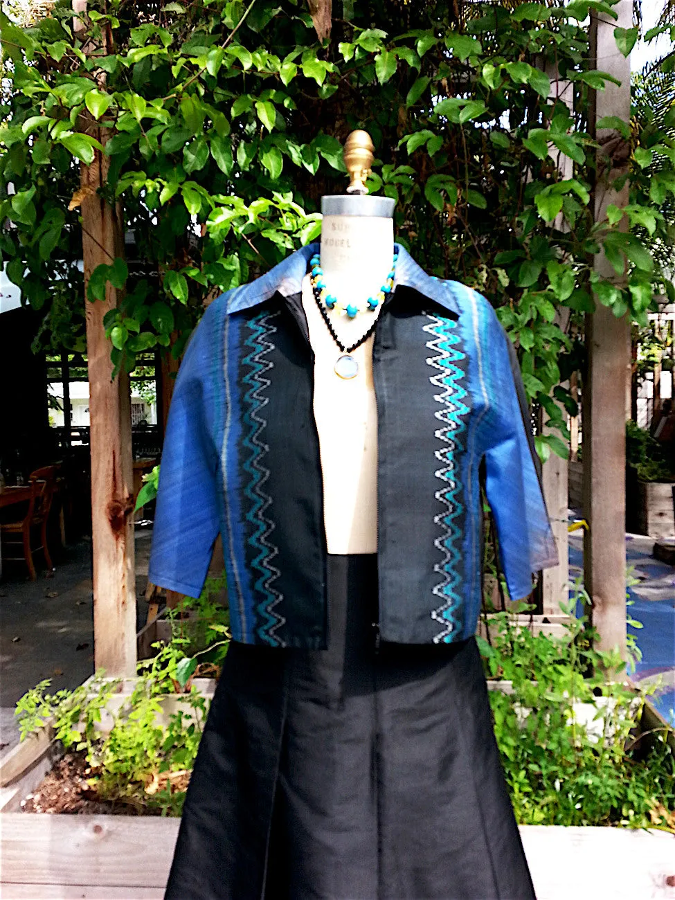 Modern Ikat Couture Cut Jacket Black Cobalt Turquoise