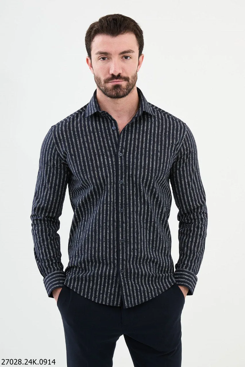 Navy Blue and White Vertical Striped Men's Shirt.