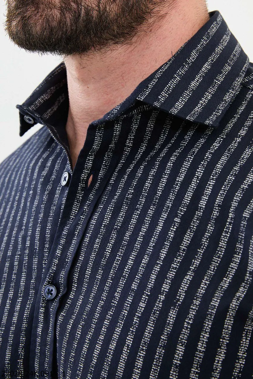 Navy Blue and White Vertical Striped Men's Shirt.