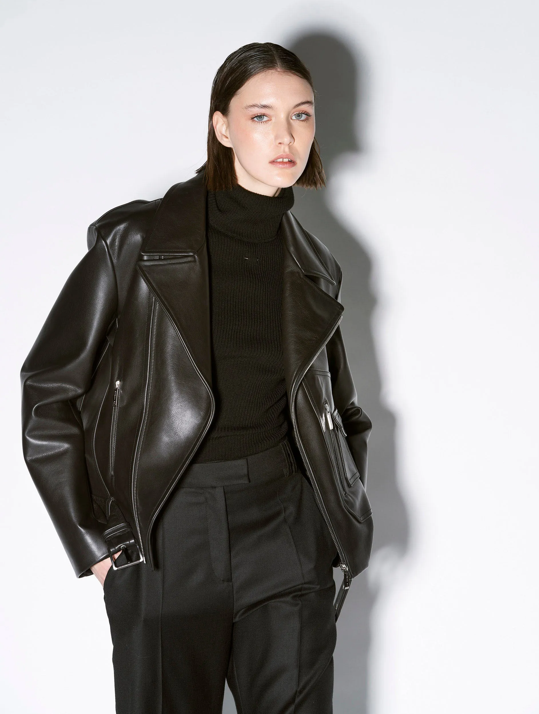 Oversized black leather biker jacket