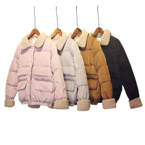 Padded Fluffy Collar Basic Pastel Colors Warm Coat Jacket