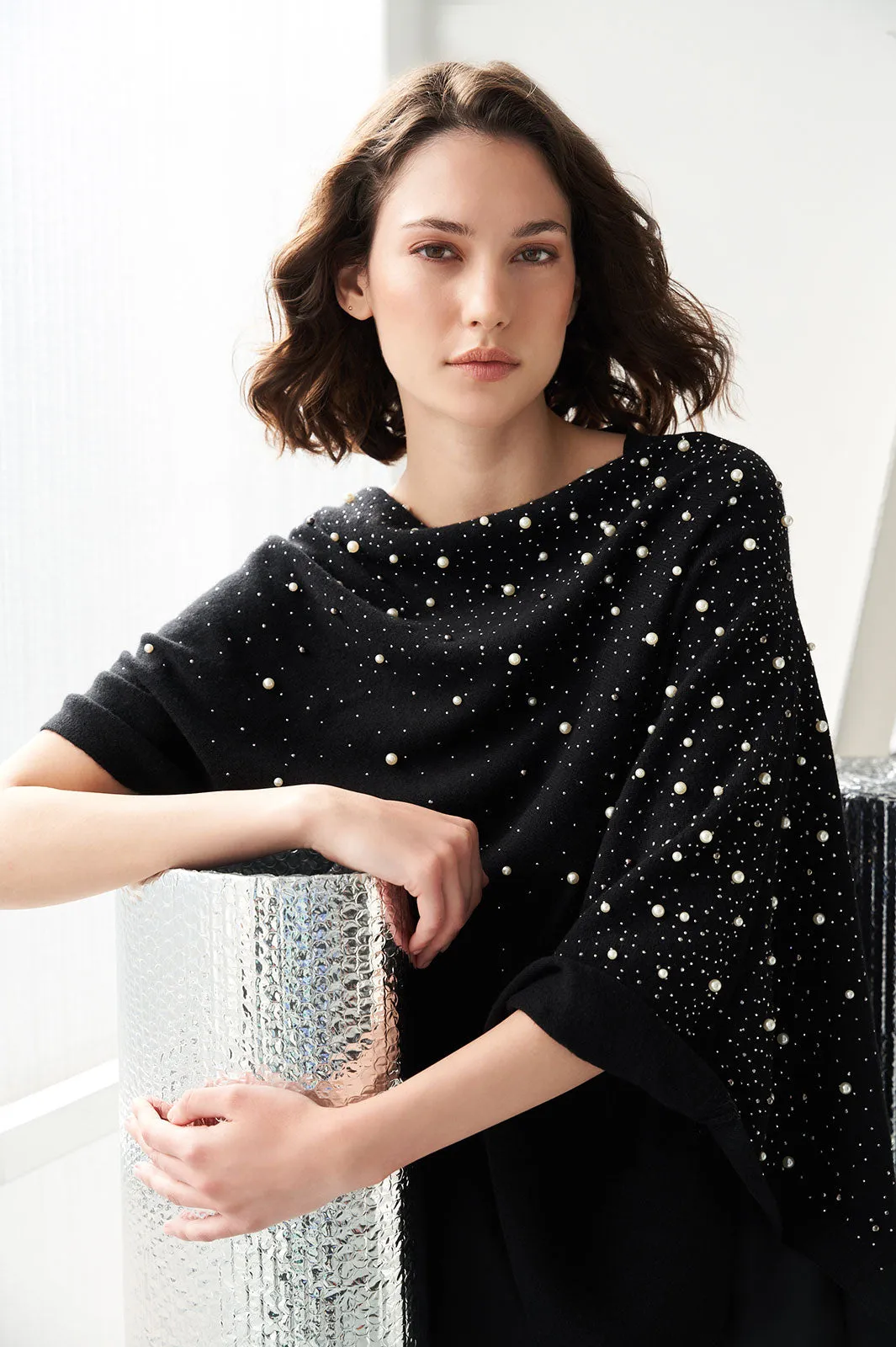 Pearl Beaded Poncho - Soft Cashmere, Black