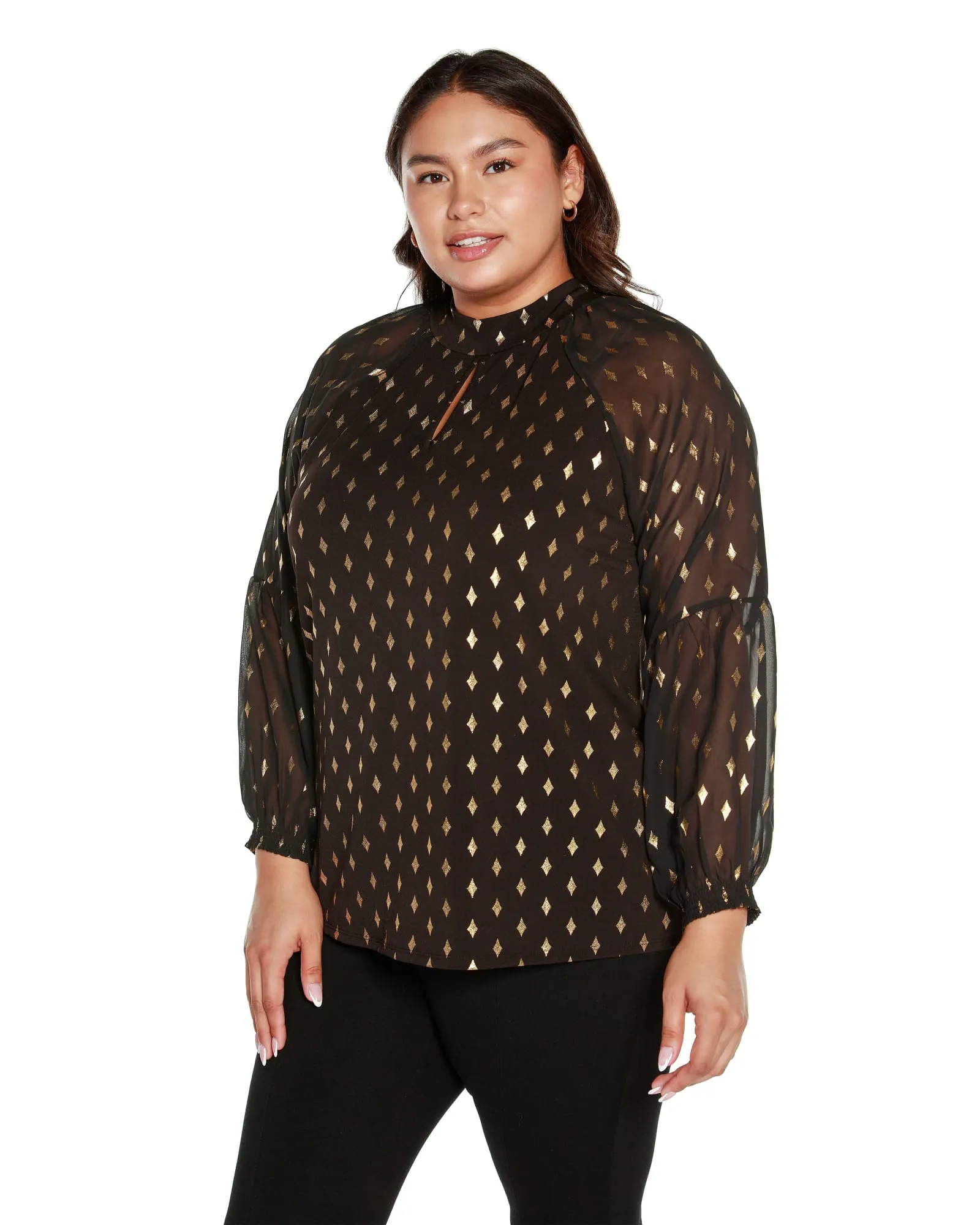 Plus Size Foil Printed Mock Neck Top | Black