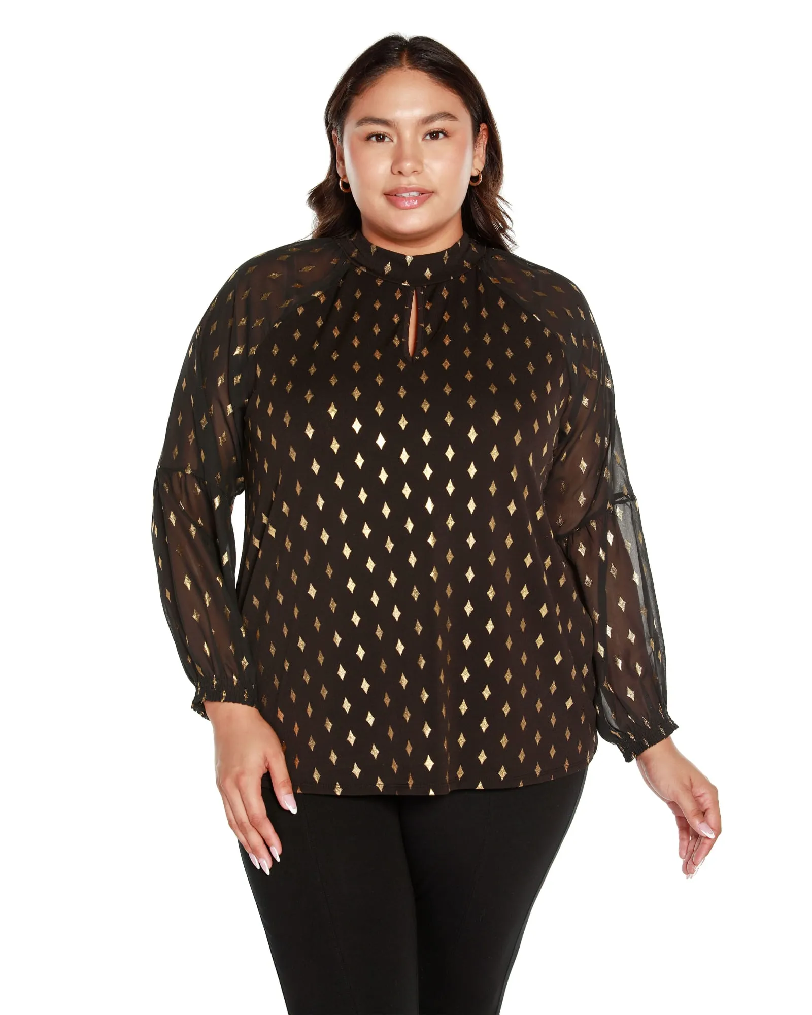 Plus Size Foil Printed Mock Neck Top | Black