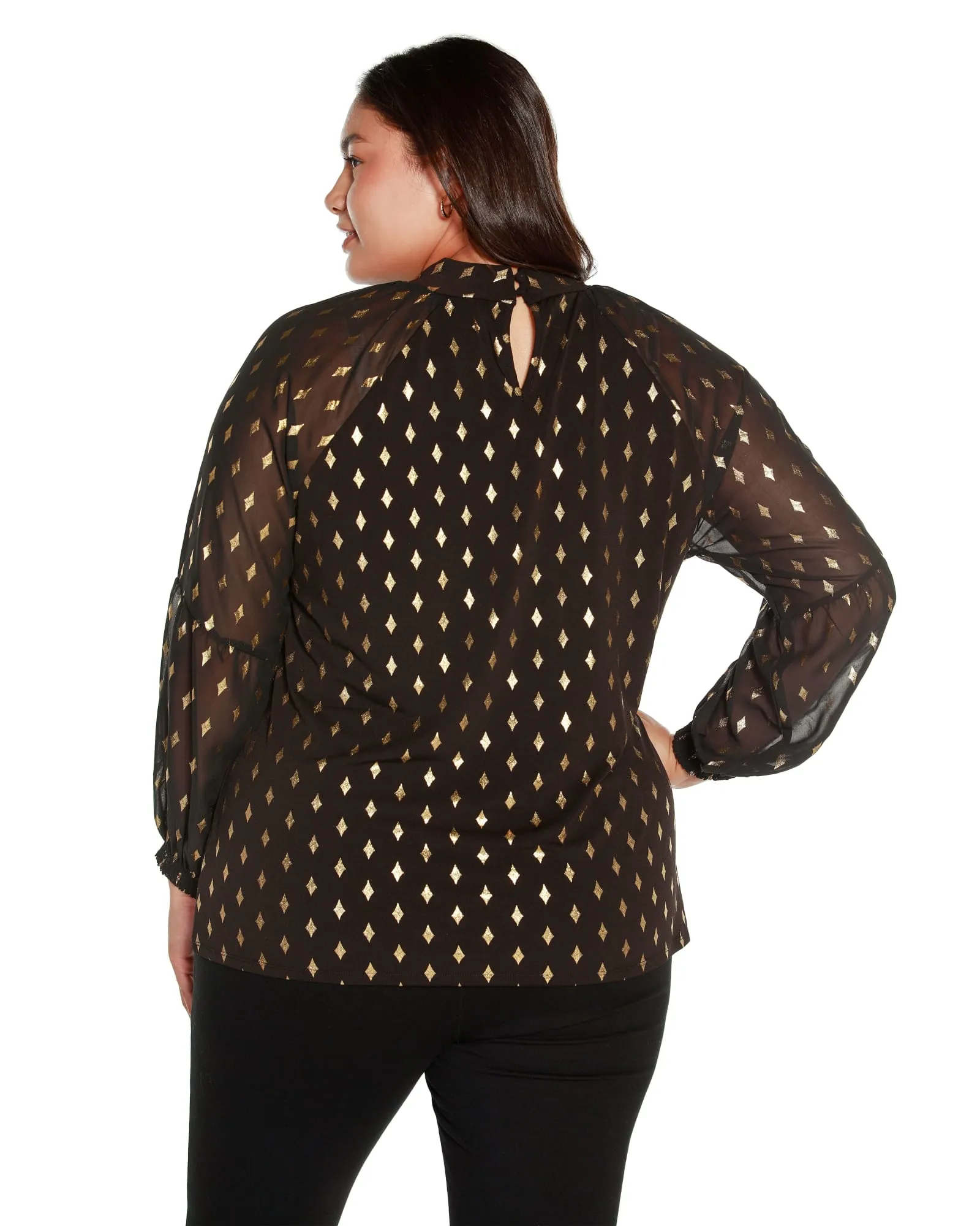 Plus Size Foil Printed Mock Neck Top | Black