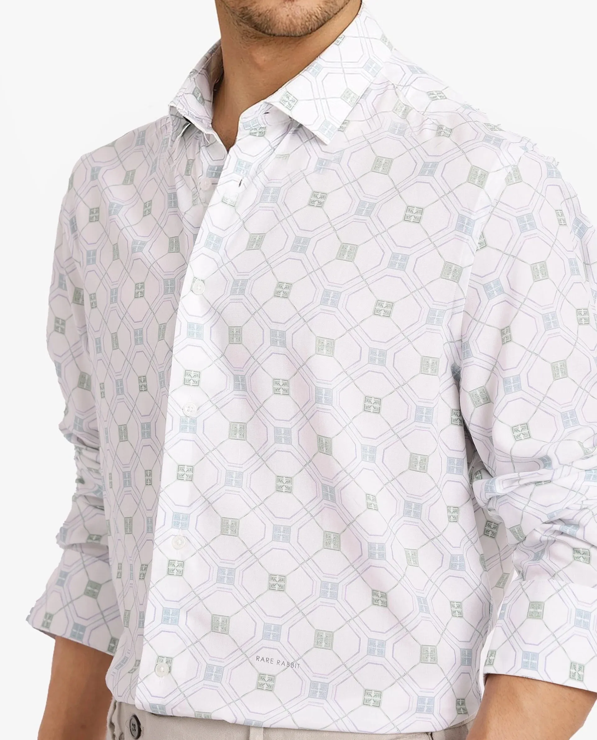 Rare Rabbit Men Paide White Viscose Fabric Regular Fit Geometric Print Shirt