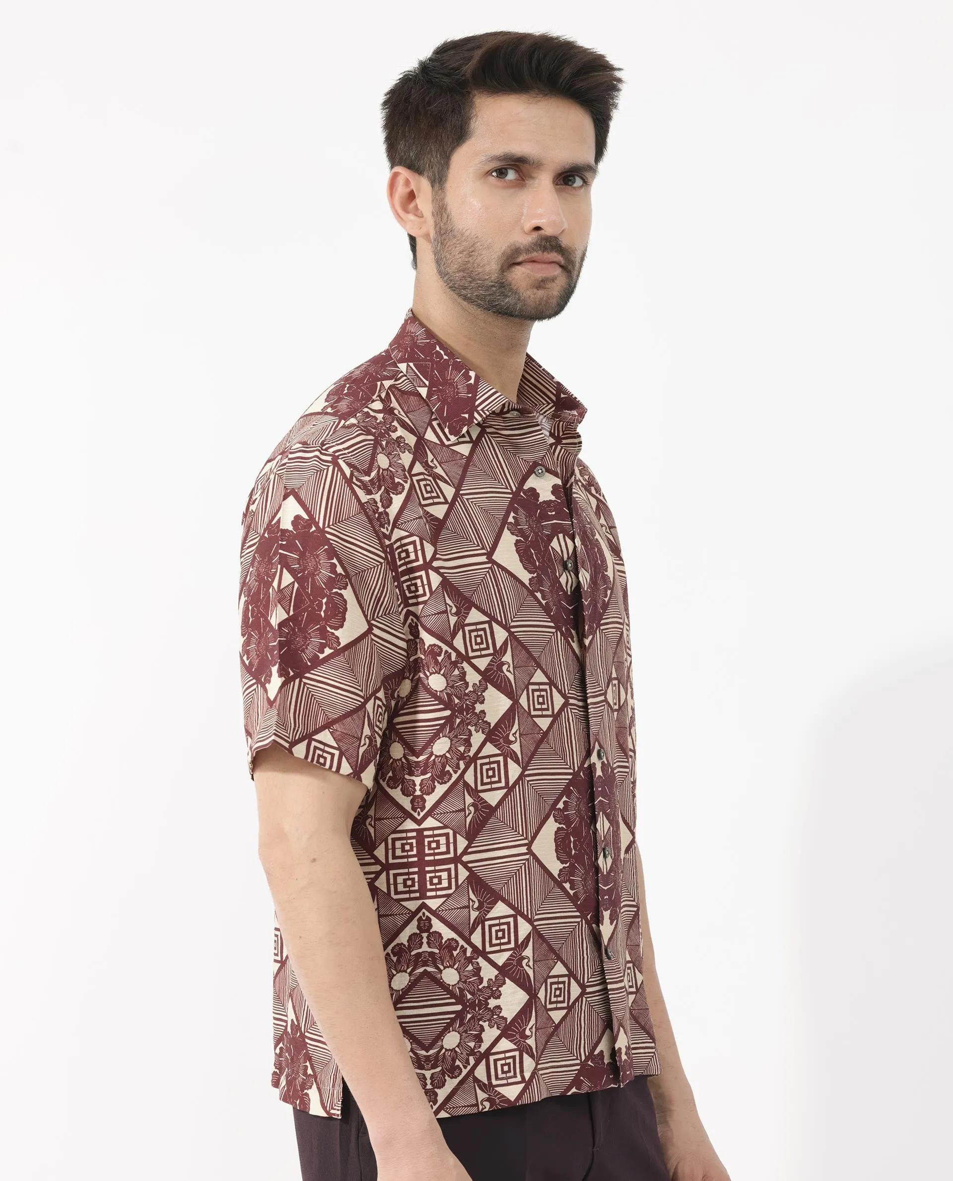 Rare Rabbit Men's Carno Dark Maroon Viscose Fabric Half Sleeves Boxy Fit Geometric Floral Print Shirt