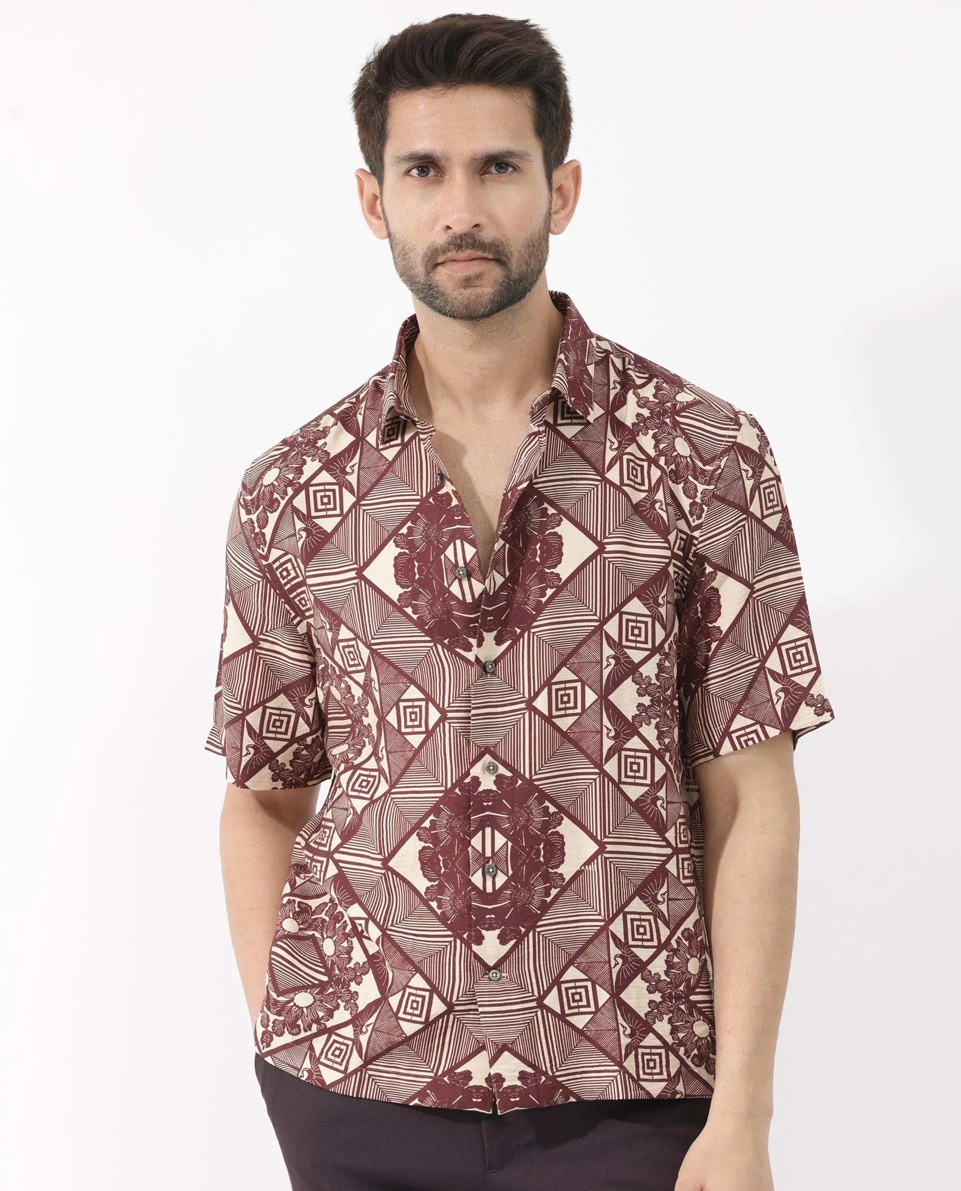 Rare Rabbit Men's Carno Dark Maroon Viscose Fabric Half Sleeves Boxy Fit Geometric Floral Print Shirt