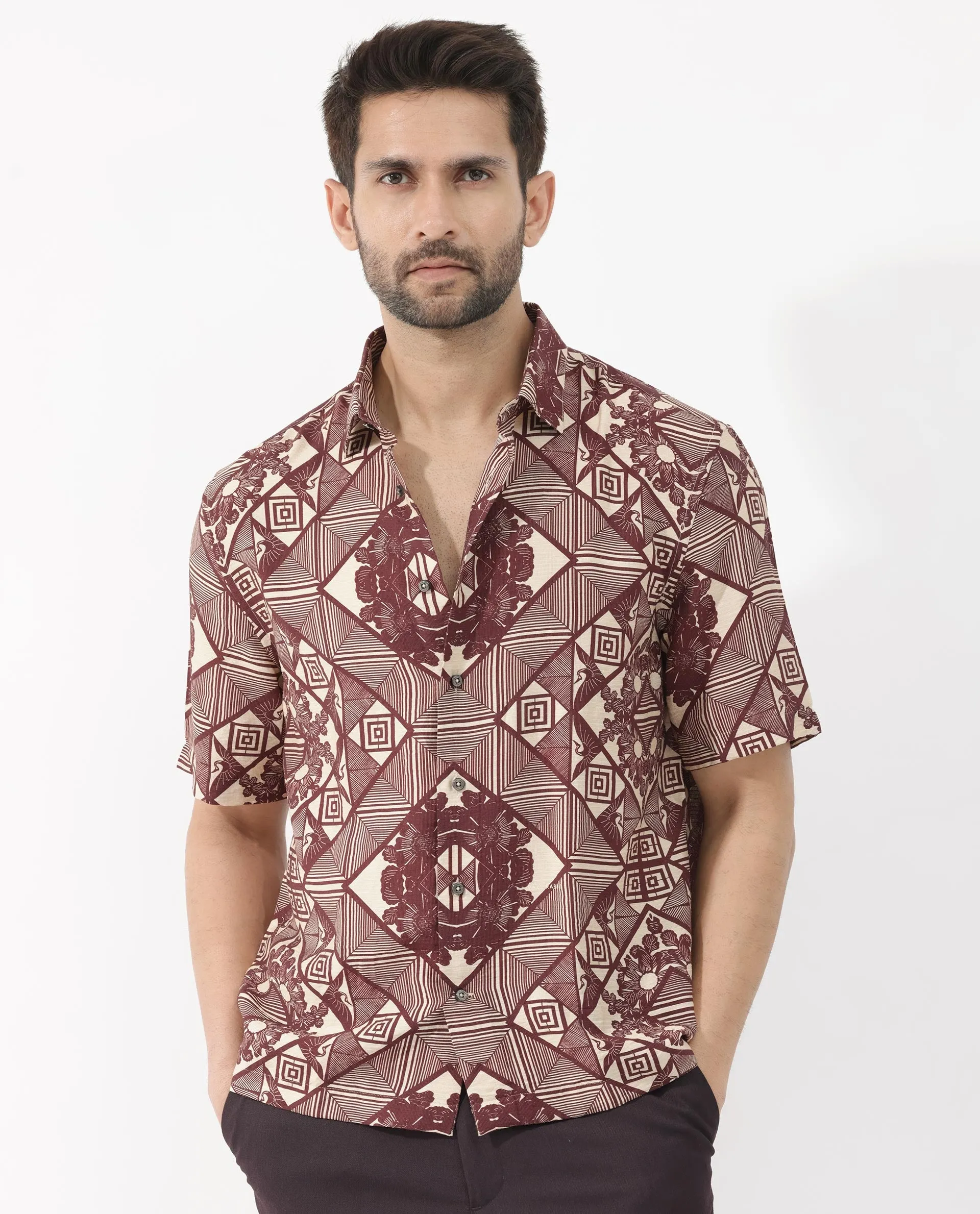 Rare Rabbit Men's Carno Dark Maroon Viscose Fabric Half Sleeves Boxy Fit Geometric Floral Print Shirt