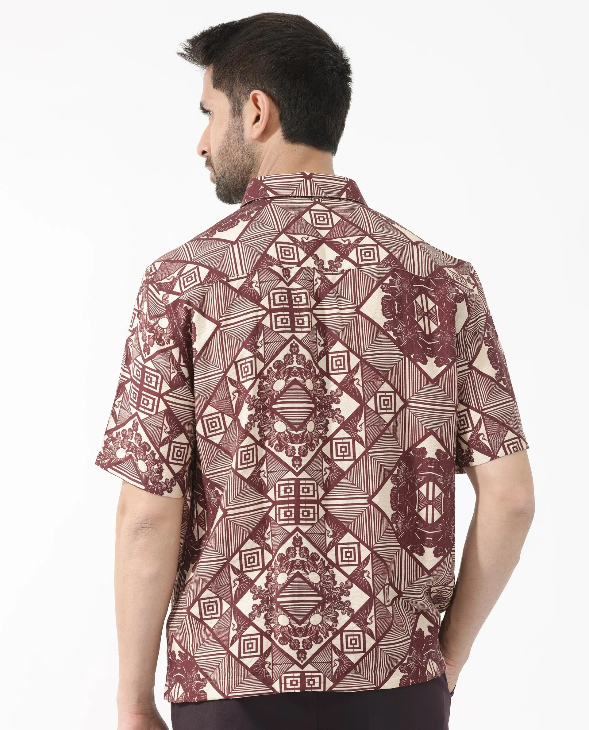 Rare Rabbit Men's Carno Dark Maroon Viscose Fabric Half Sleeves Boxy Fit Geometric Floral Print Shirt