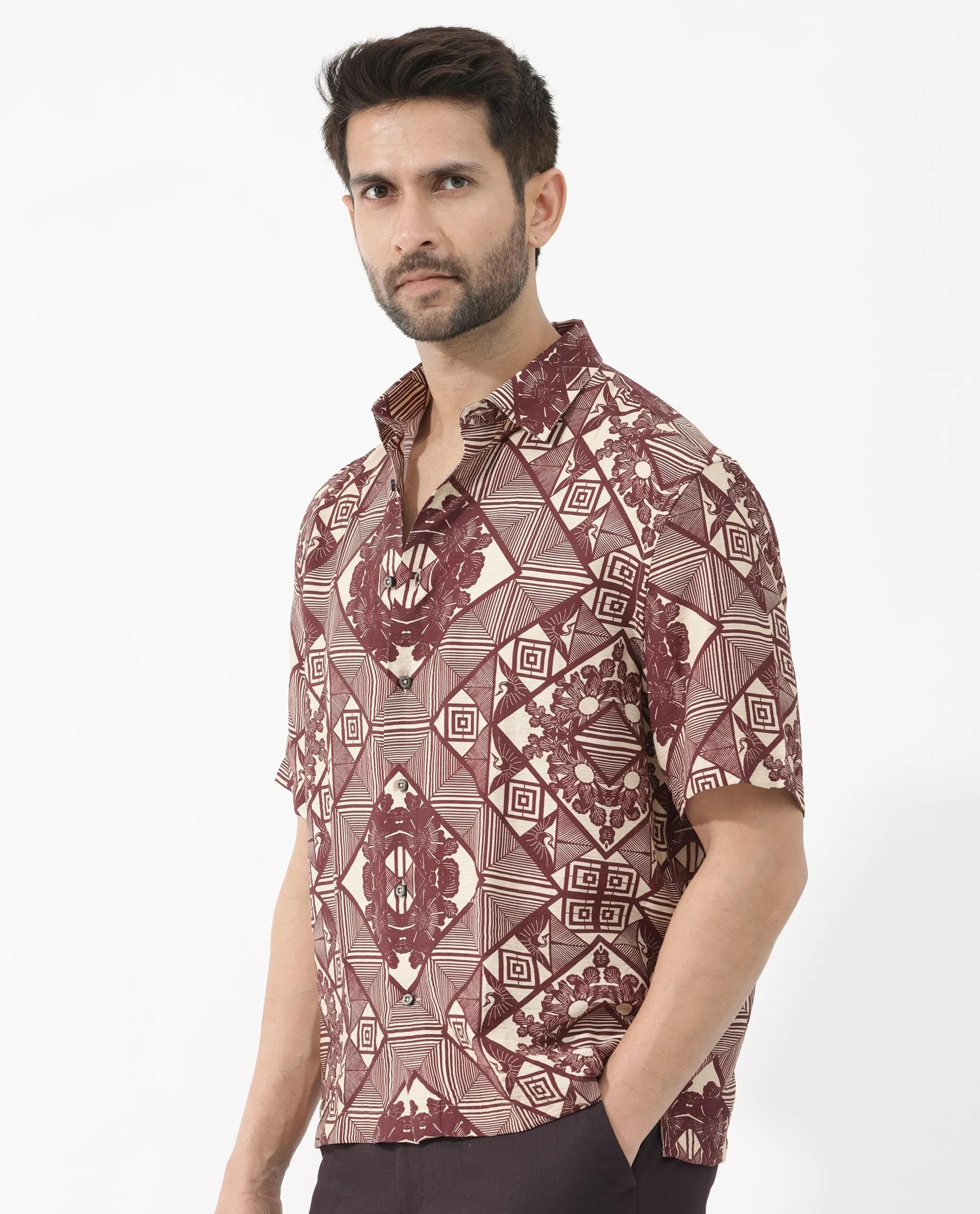 Rare Rabbit Men's Carno Dark Maroon Viscose Fabric Half Sleeves Boxy Fit Geometric Floral Print Shirt