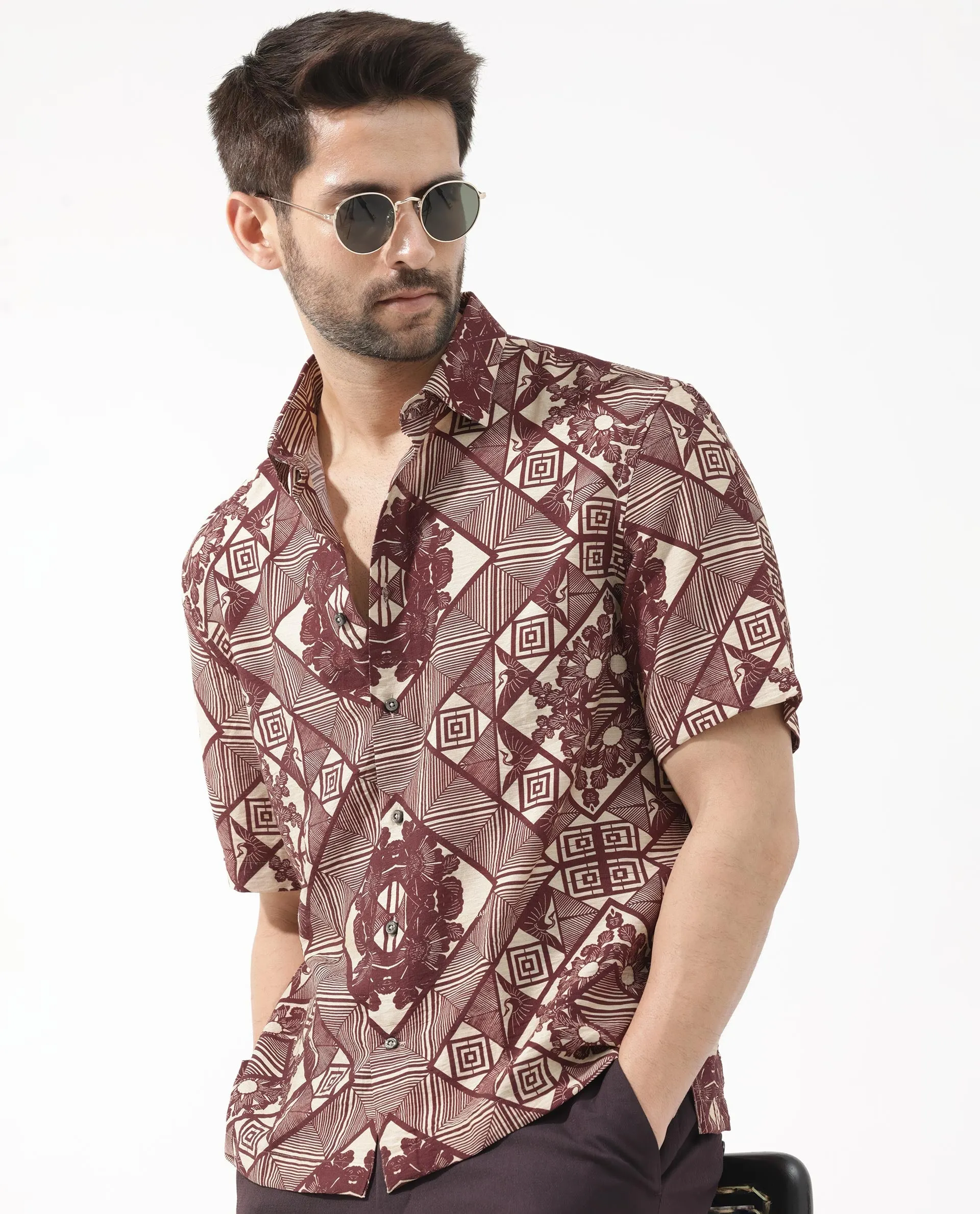 Rare Rabbit Men's Carno Dark Maroon Viscose Fabric Half Sleeves Boxy Fit Geometric Floral Print Shirt