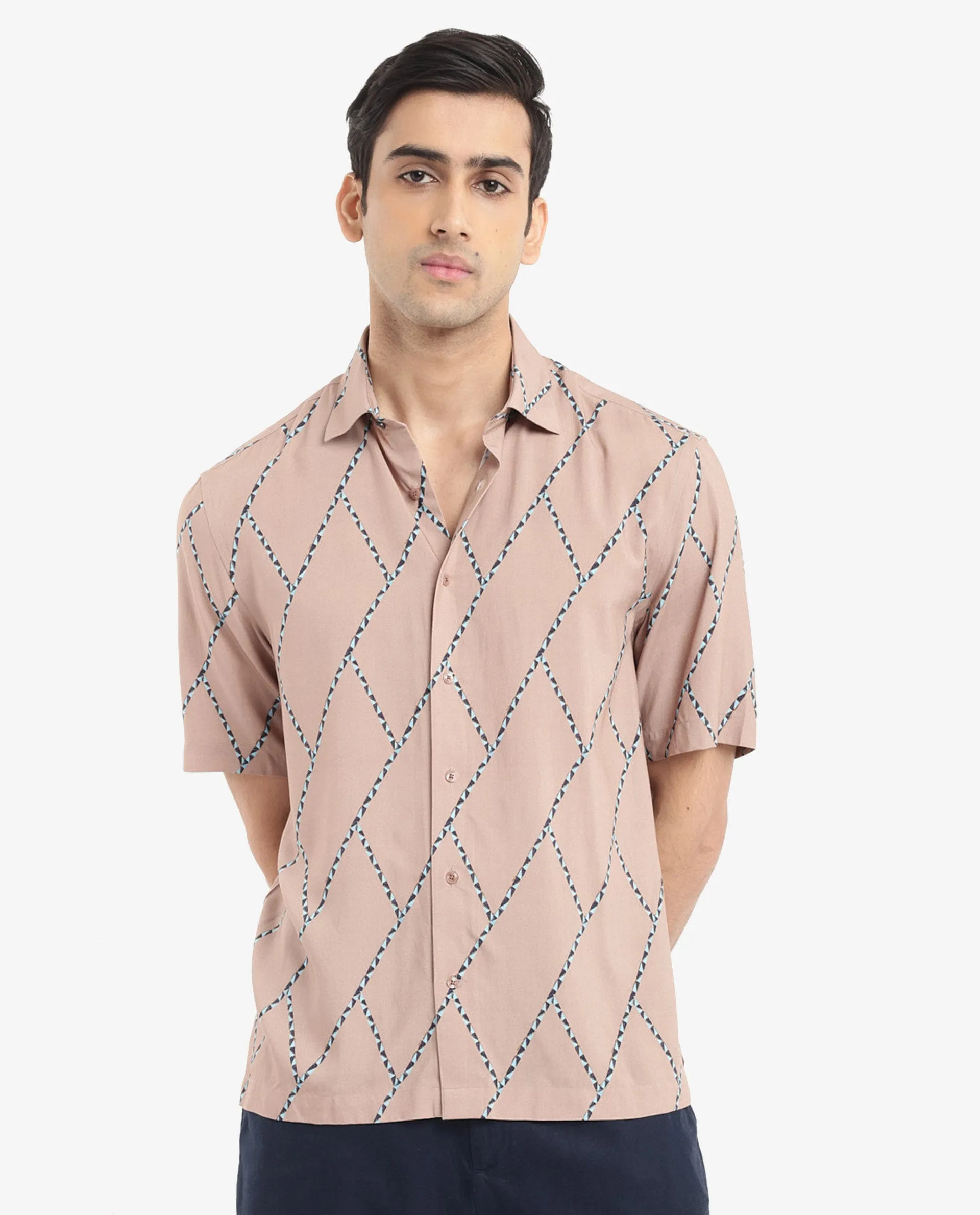 Rare Rabbit Men's Fenney SS Brown Viscose Fabric Short Sleeves Boxy Fit Geometric Print Shirt