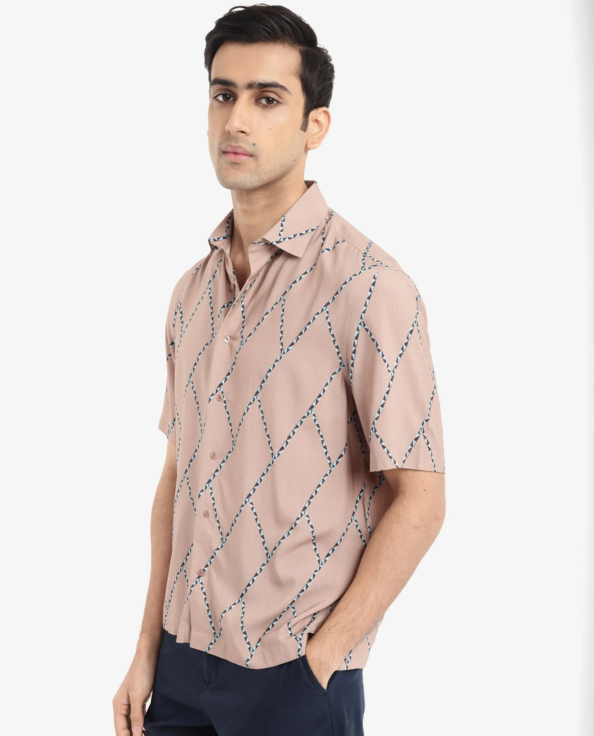 Rare Rabbit Men's Fenney SS Brown Viscose Fabric Short Sleeves Boxy Fit Geometric Print Shirt