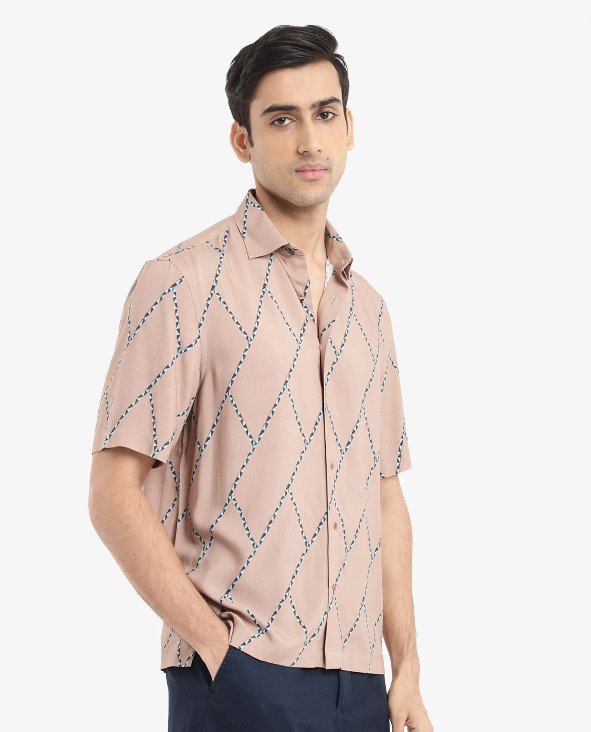 Rare Rabbit Men's Fenney SS Brown Viscose Fabric Short Sleeves Boxy Fit Geometric Print Shirt