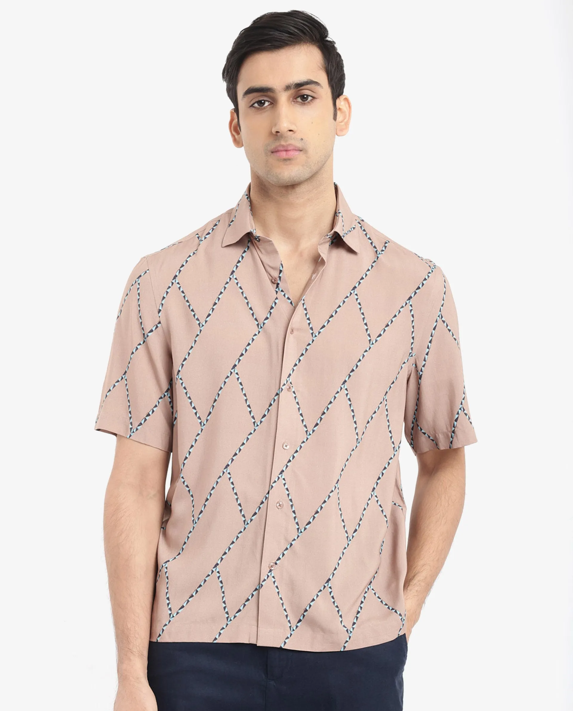 Rare Rabbit Men's Fenney SS Brown Viscose Fabric Short Sleeves Boxy Fit Geometric Print Shirt