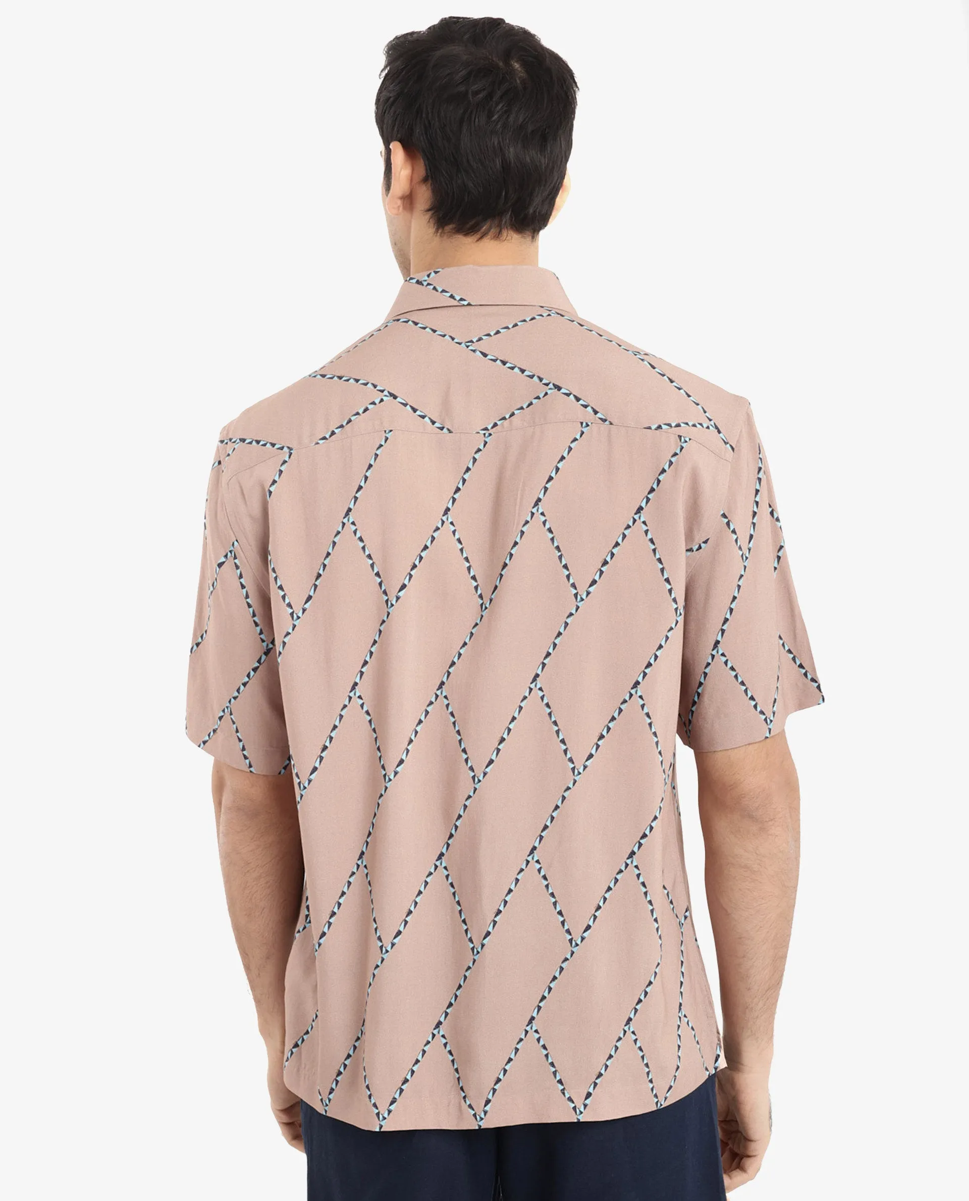 Rare Rabbit Men's Fenney SS Brown Viscose Fabric Short Sleeves Boxy Fit Geometric Print Shirt