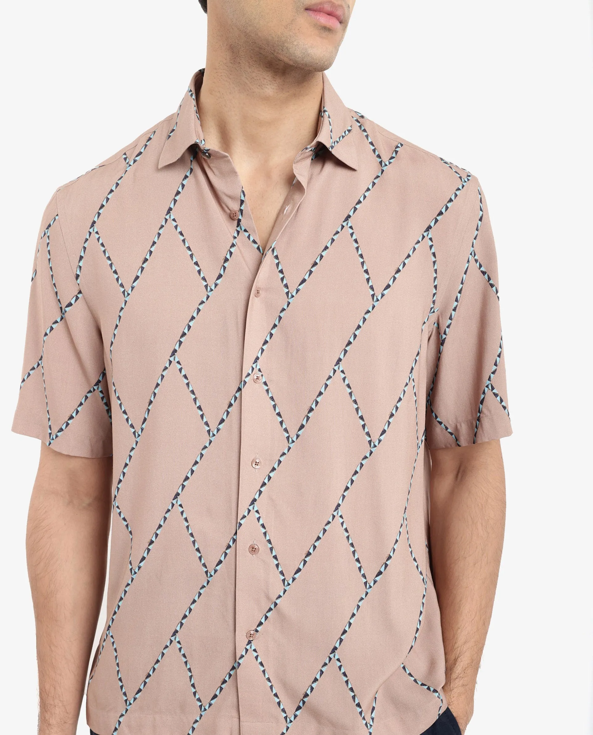 Rare Rabbit Men's Fenney SS Brown Viscose Fabric Short Sleeves Boxy Fit Geometric Print Shirt