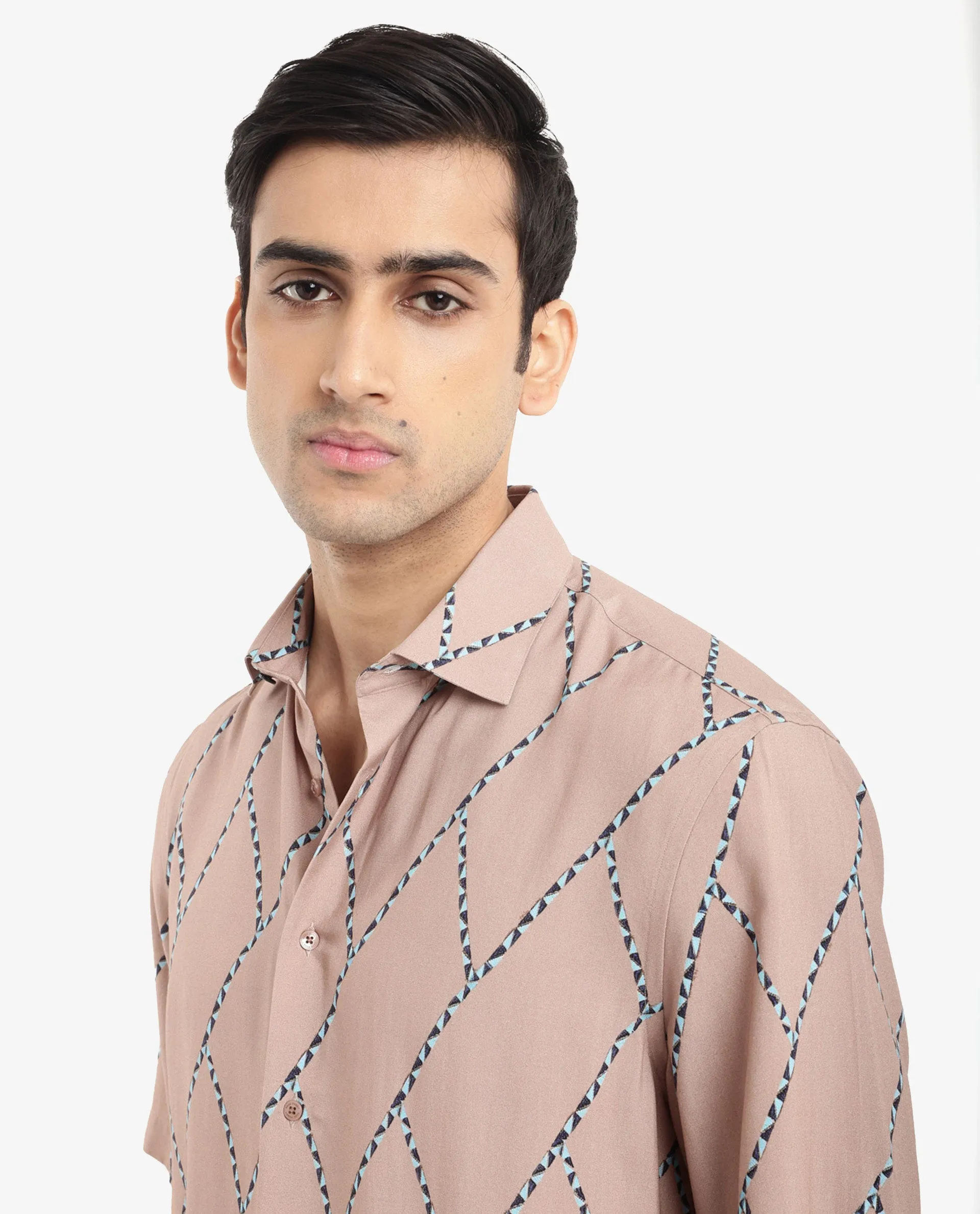 Rare Rabbit Men's Fenney SS Brown Viscose Fabric Short Sleeves Boxy Fit Geometric Print Shirt