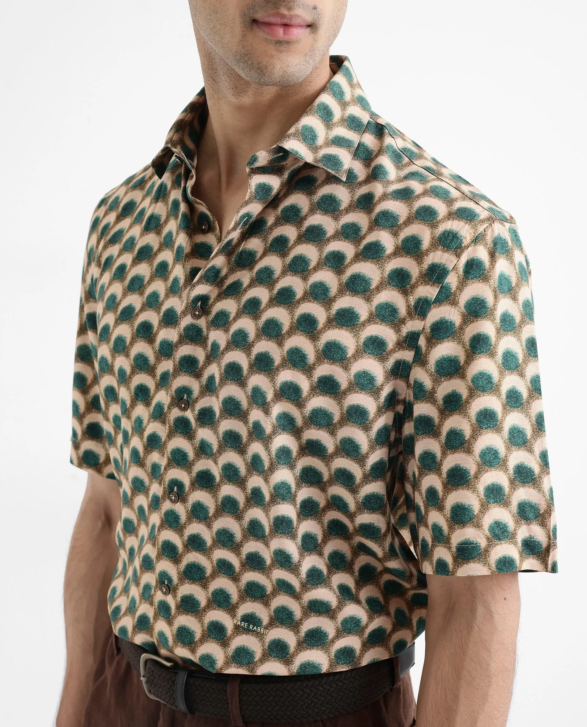 Rare Rabbit Men's Tokai Olive Viscose Fabric Short Sleeves Regular Fit Geometric Print Shirt