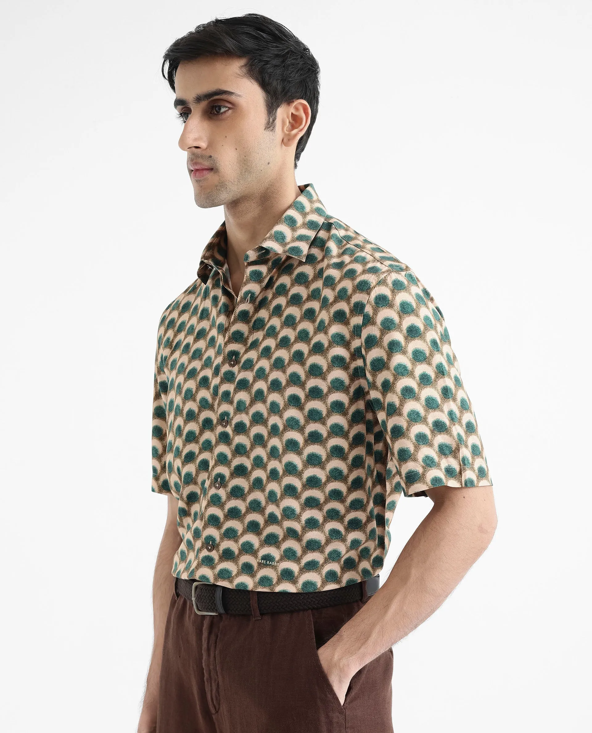 Rare Rabbit Men's Tokai Olive Viscose Fabric Short Sleeves Regular Fit Geometric Print Shirt