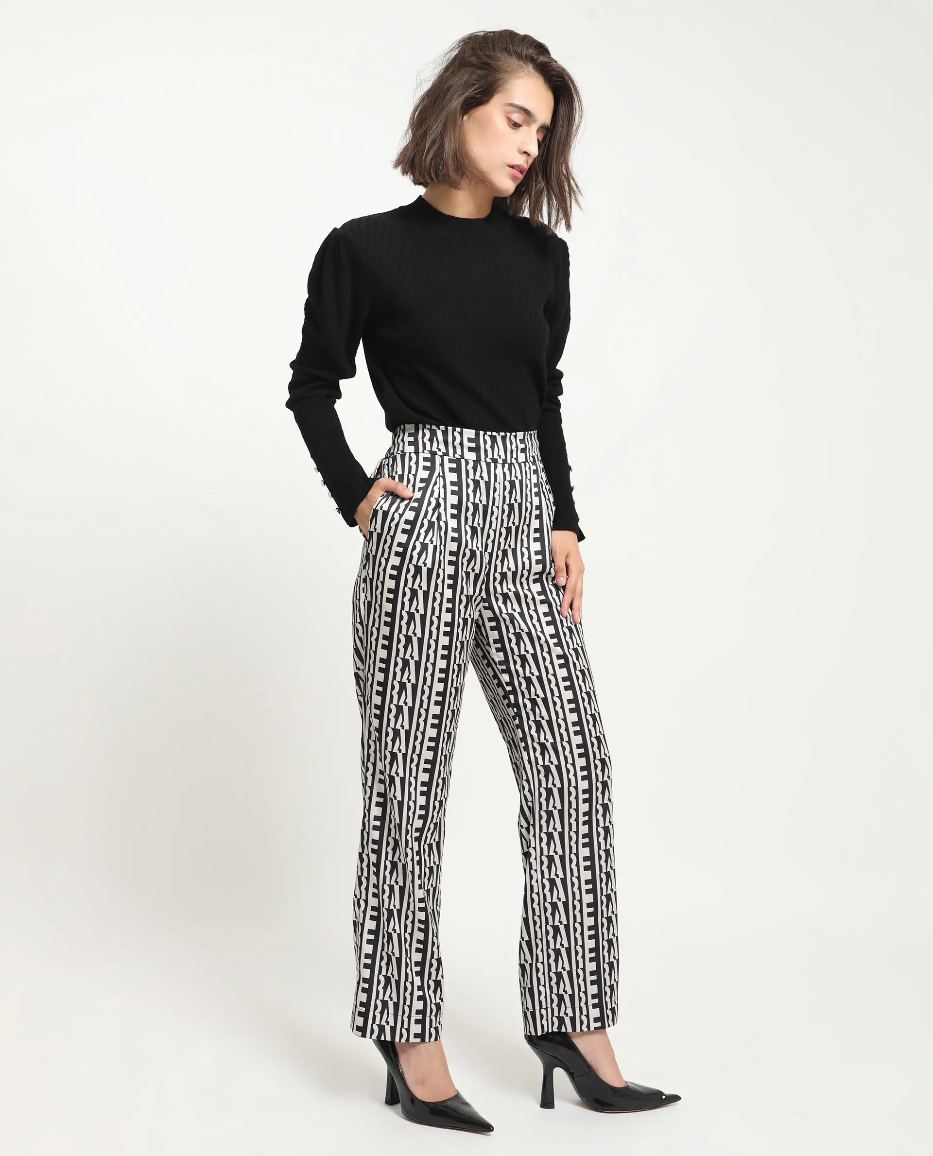 Rareism Women Atantit Black Polyester Fabric Tailored Fit Geometric Print Ankle Length Trousers