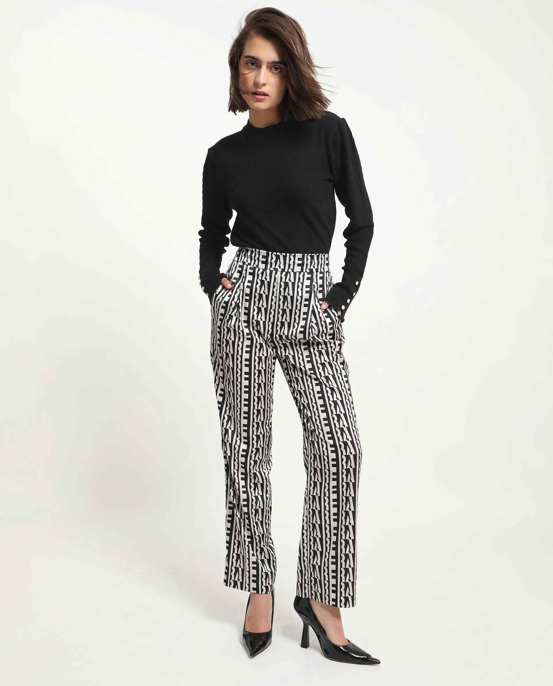 Rareism Women Atantit Black Polyester Fabric Tailored Fit Geometric Print Ankle Length Trousers