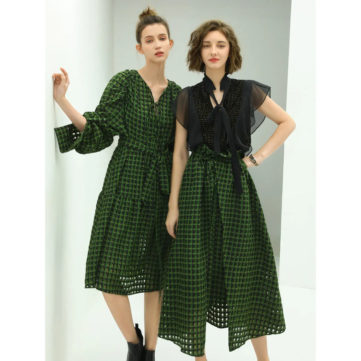 Semi Sheer Checkered Green Skirt