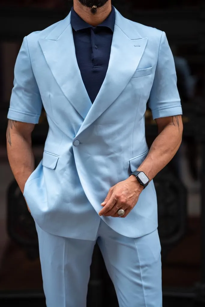 Sky Blue Slim Fit Short Sleeve Suit for men by GentWith