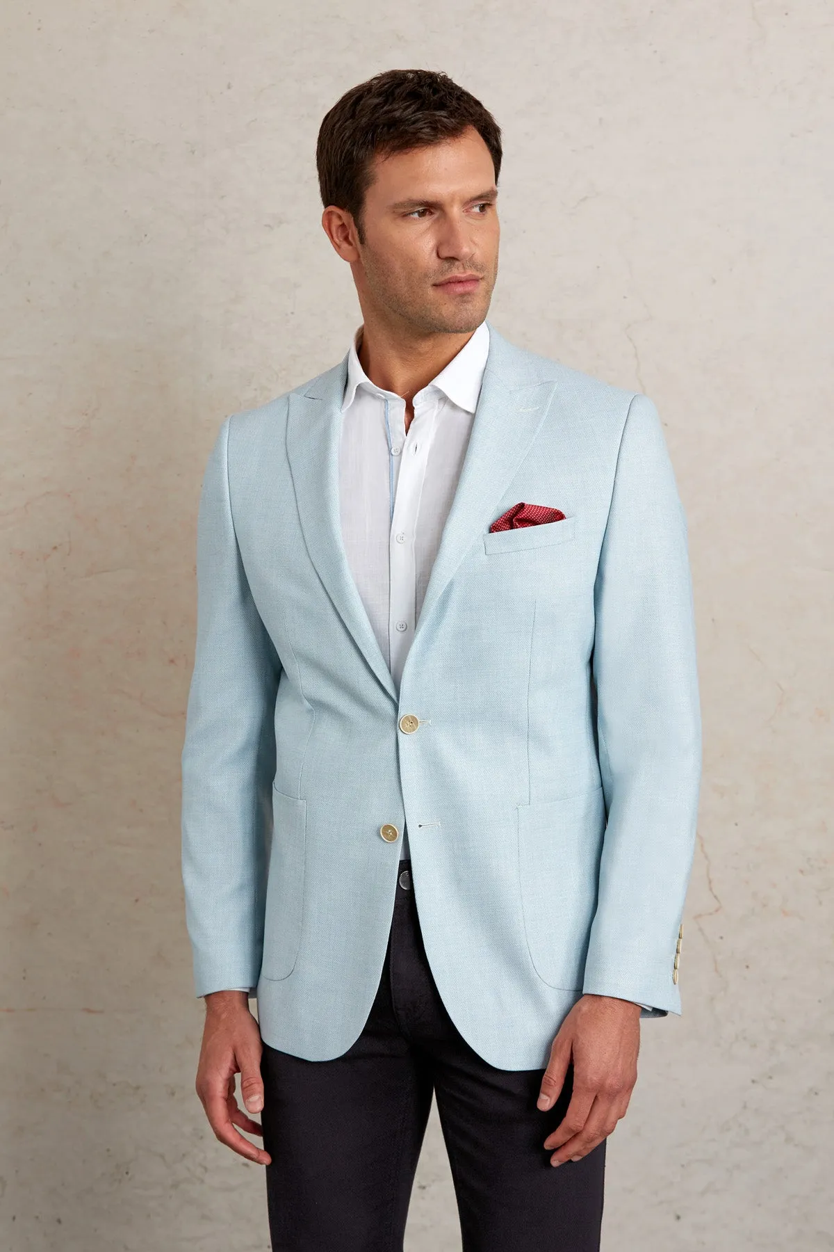 Slim Fit Light Blue Peak Lapel Casual Blazer