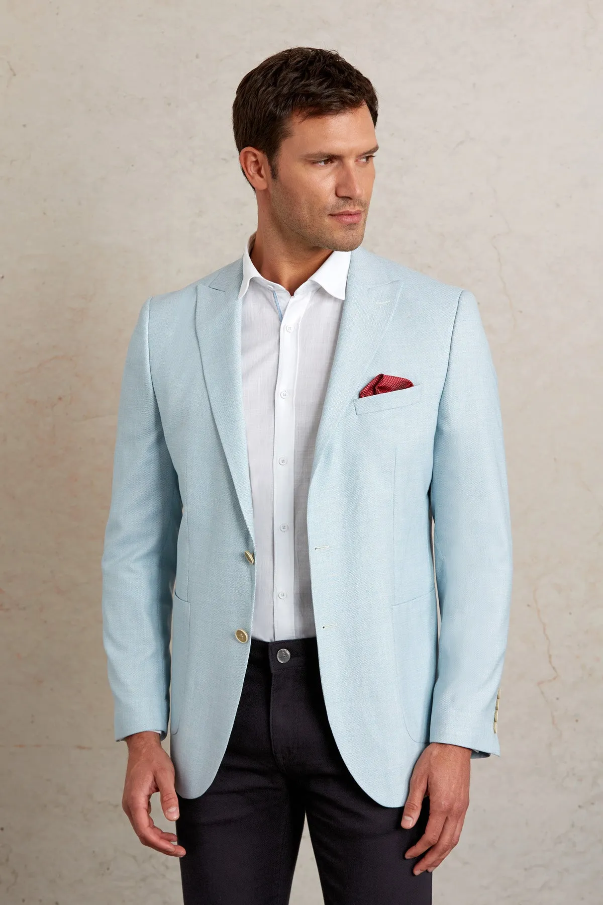 Slim Fit Light Blue Peak Lapel Casual Blazer