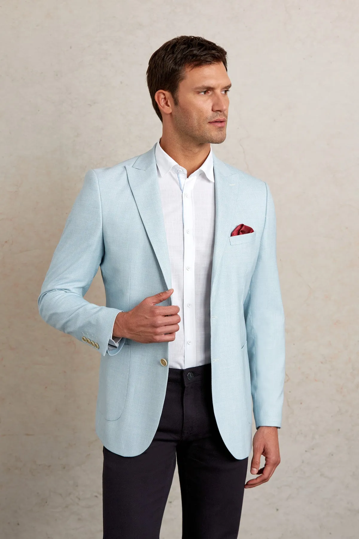 Slim Fit Light Blue Peak Lapel Casual Blazer