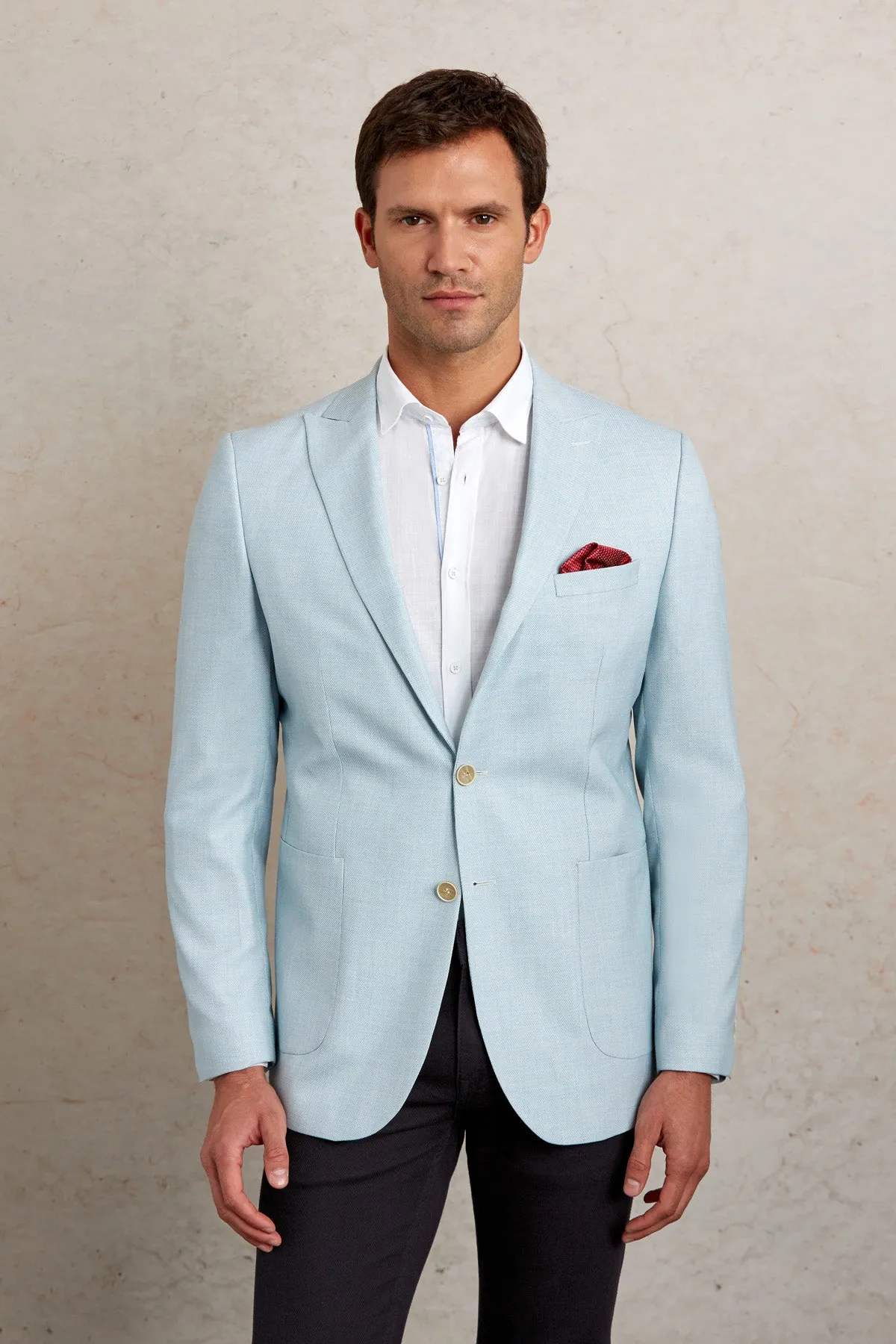 Slim Fit Light Blue Peak Lapel Casual Blazer