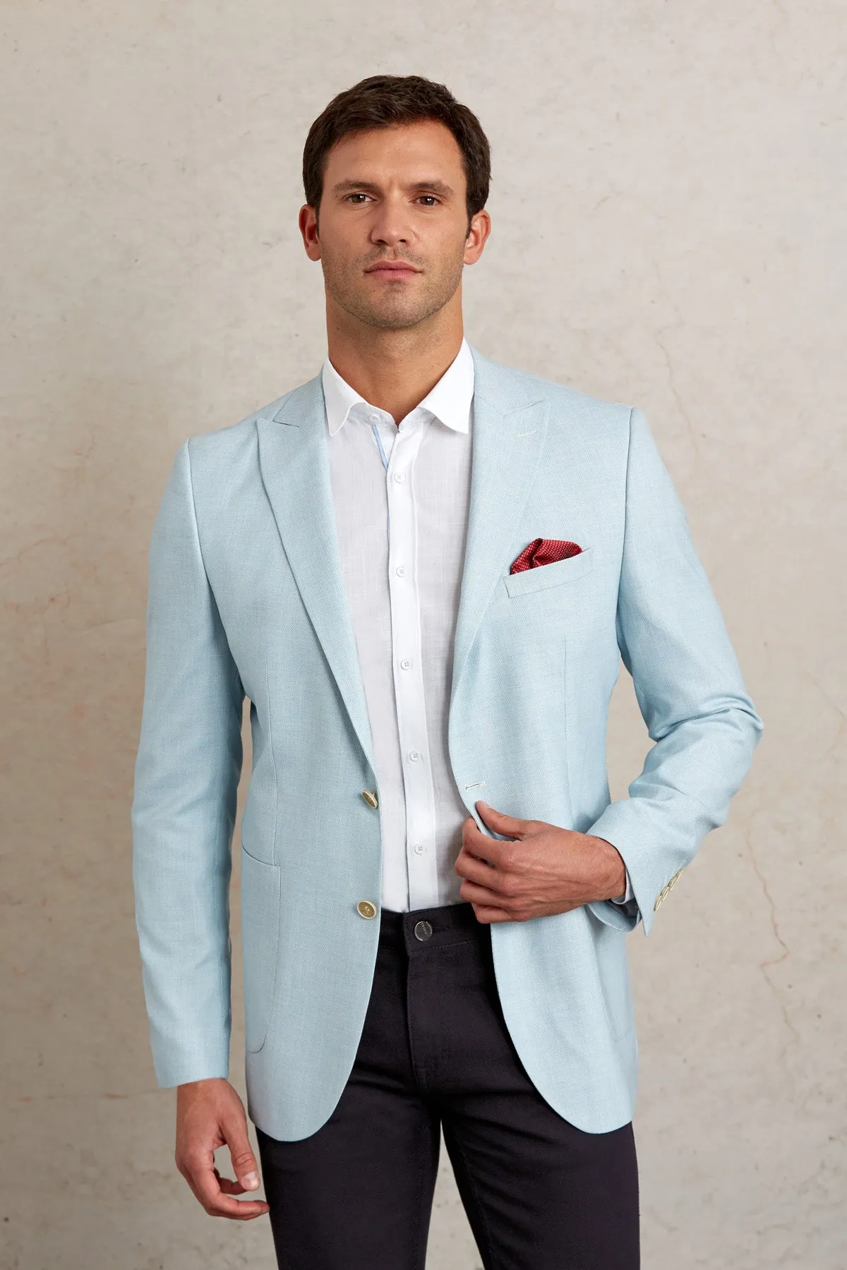 Slim Fit Light Blue Peak Lapel Casual Blazer