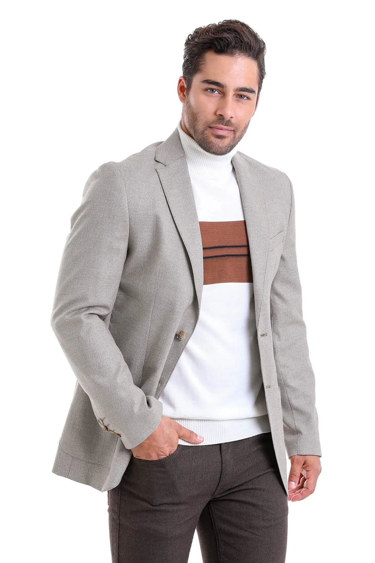 Slim Fit Notch Lapel Beige Casual Blazer