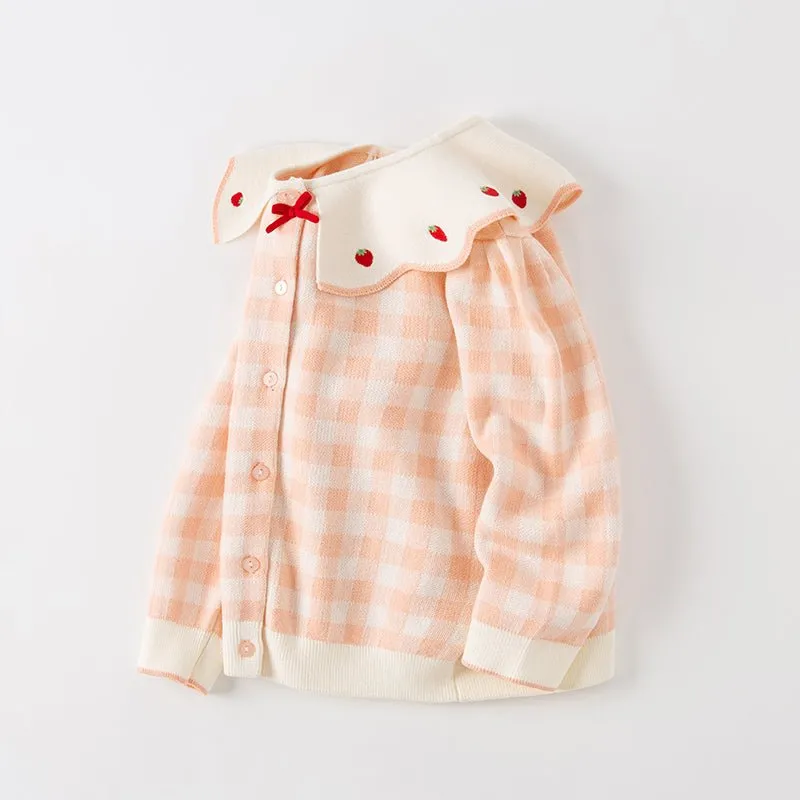 Strawberry Ribbon Girl Pink Plaid Knitted Cardigan