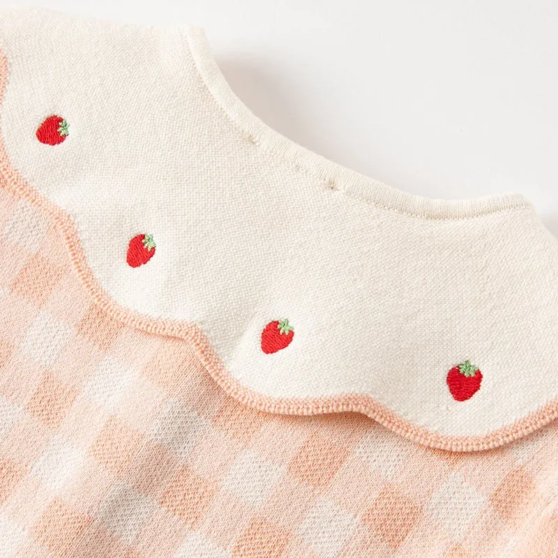 Strawberry Ribbon Girl Pink Plaid Knitted Cardigan